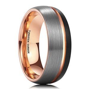 Mens Tungsten Wedding Band 8mm. Domed Triple Tone Black Gray & Rose Gold Pattern